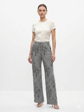 Sheri Bodell Gray Beaded Paisley Wide-Leg Pants 100% Silk